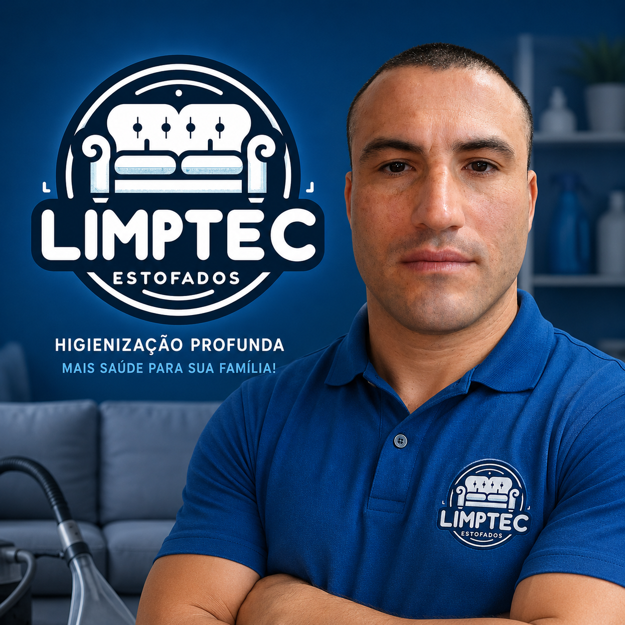 Profissional da LimpTec Estofados com uniforme azul